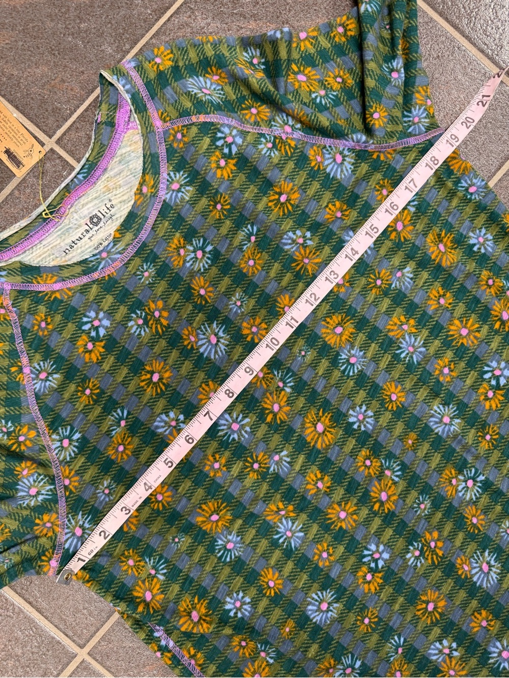 Natural Life Lily Cotton Long Sleeve Tee Shirt Plaid Floral Green Large NEW NWT - Picture 7 of 10